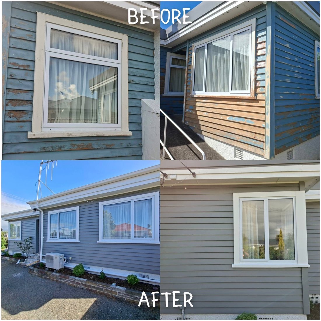 Before and after: peeling blue weatherboards stripped back and repainted in grey