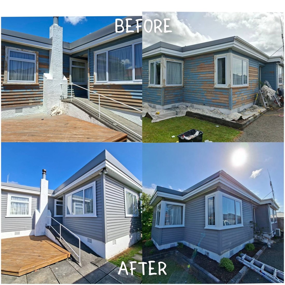 Before and after: bay window and chimney repainted, old paint stripped from the boards