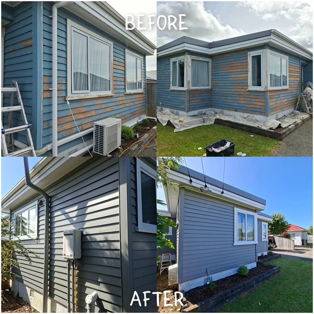 Before and after: side elevation stripped, primed and recoated in charcoal grey